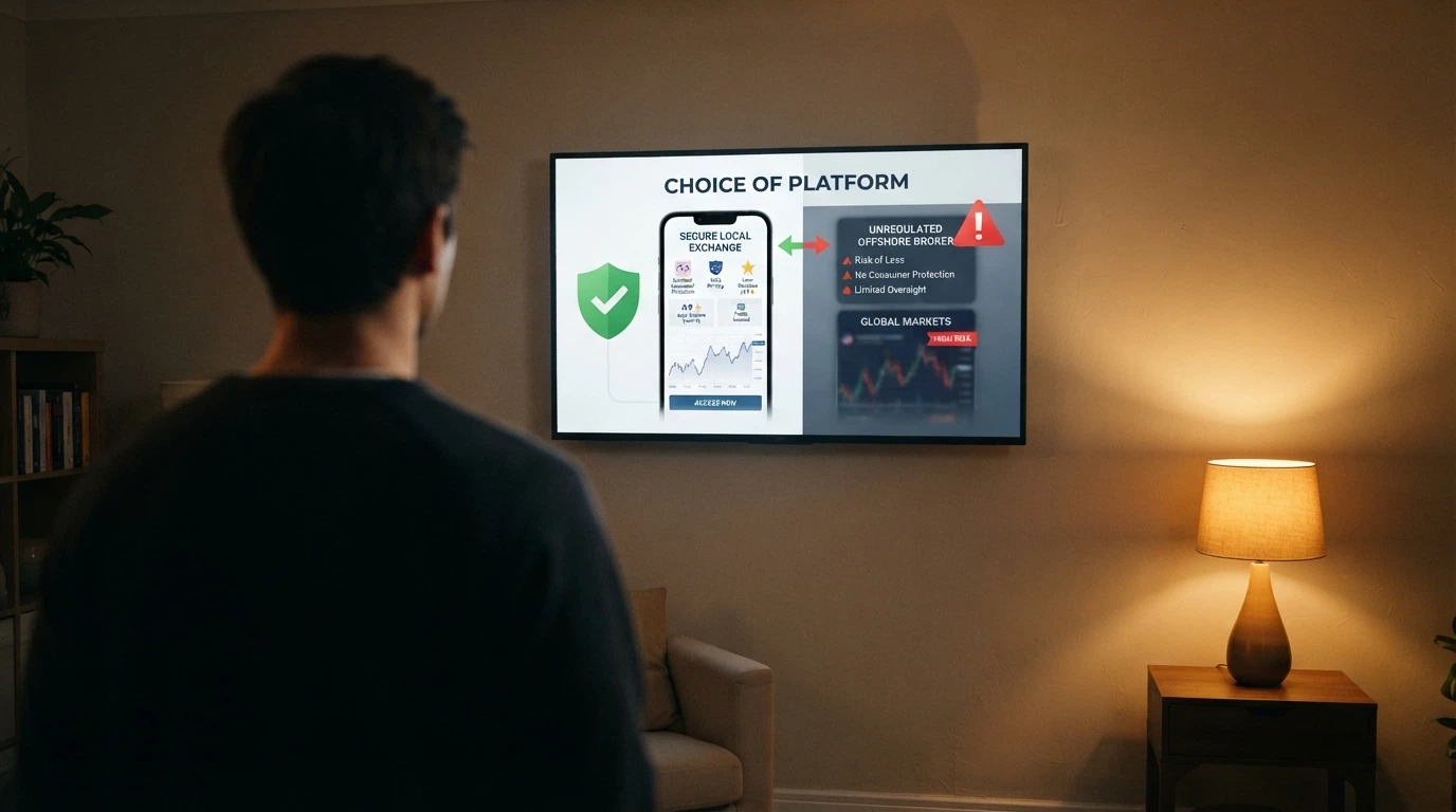 An Australian adult weighing two on-screen paths: a licensed wagering app displaying consumer-protection badges on one side, and a warning symbol over an unregulated offshore site on the other
