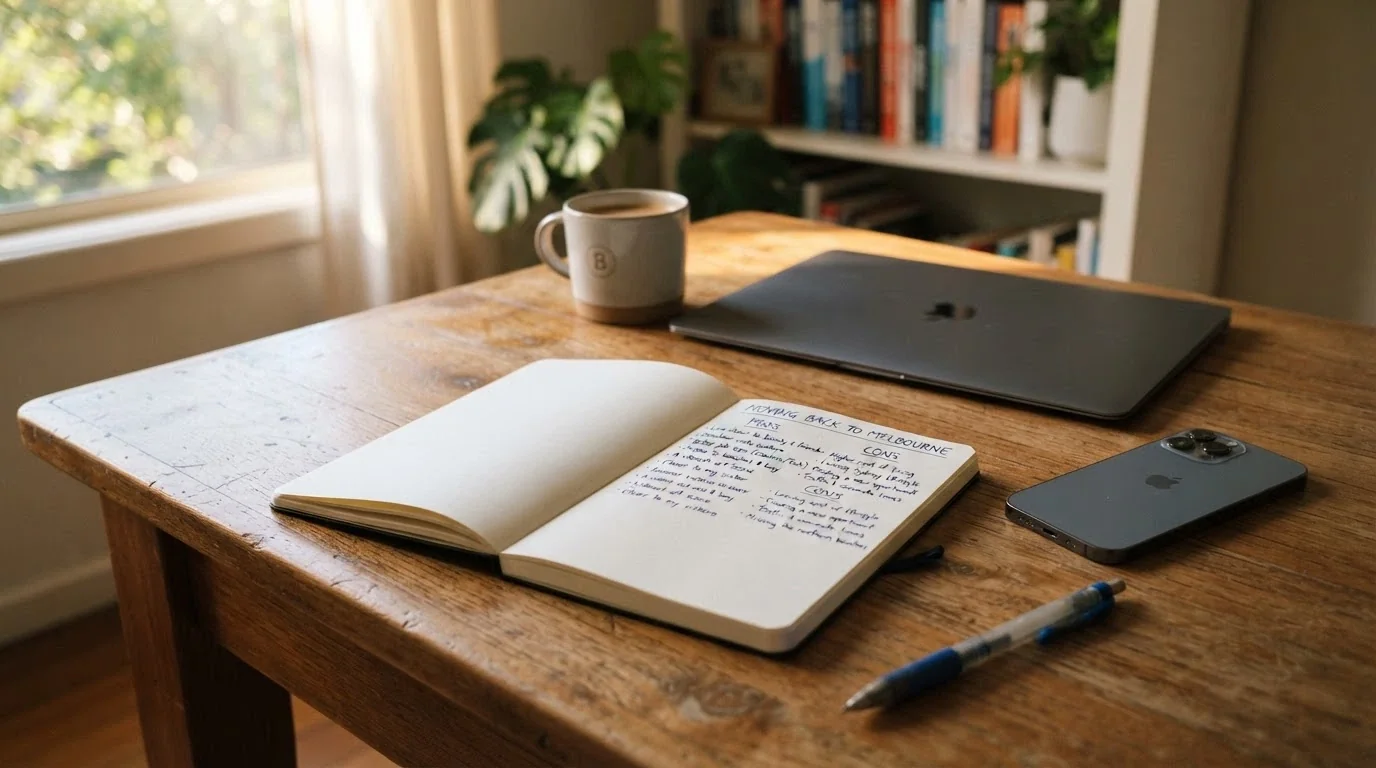 An Australian player's desk with a notebook showing a hand-drawn pros-and-cons list beside a smartphone and a closed laptop, morning light from a window