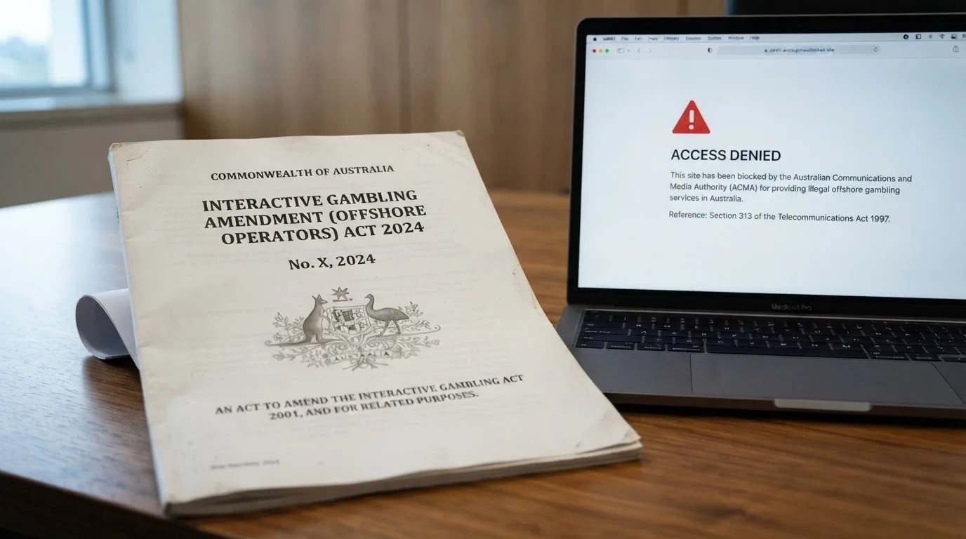 A stylised image of the Interactive Gambling Act 2001 document or the ACMA logo against a backdrop of blocked-website notices