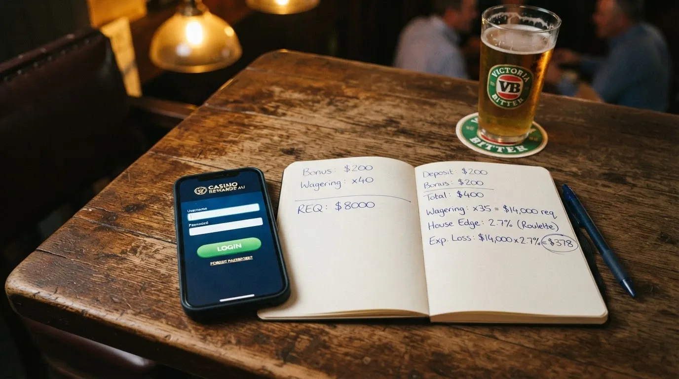 A smartphone on a pub table, the casino app login screen visible, with a notebook beside it showing handwritten figures — a bonus amount, a wagering multiple, and a circled expected-loss number