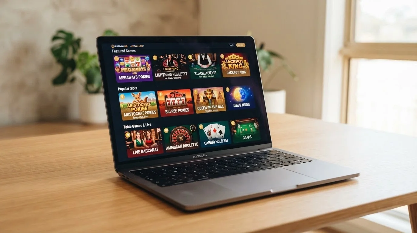 A casino game lobby screen showing pokies, blackjack, roulette and live-dealer category tiles, filtered to a crypto-casino interface