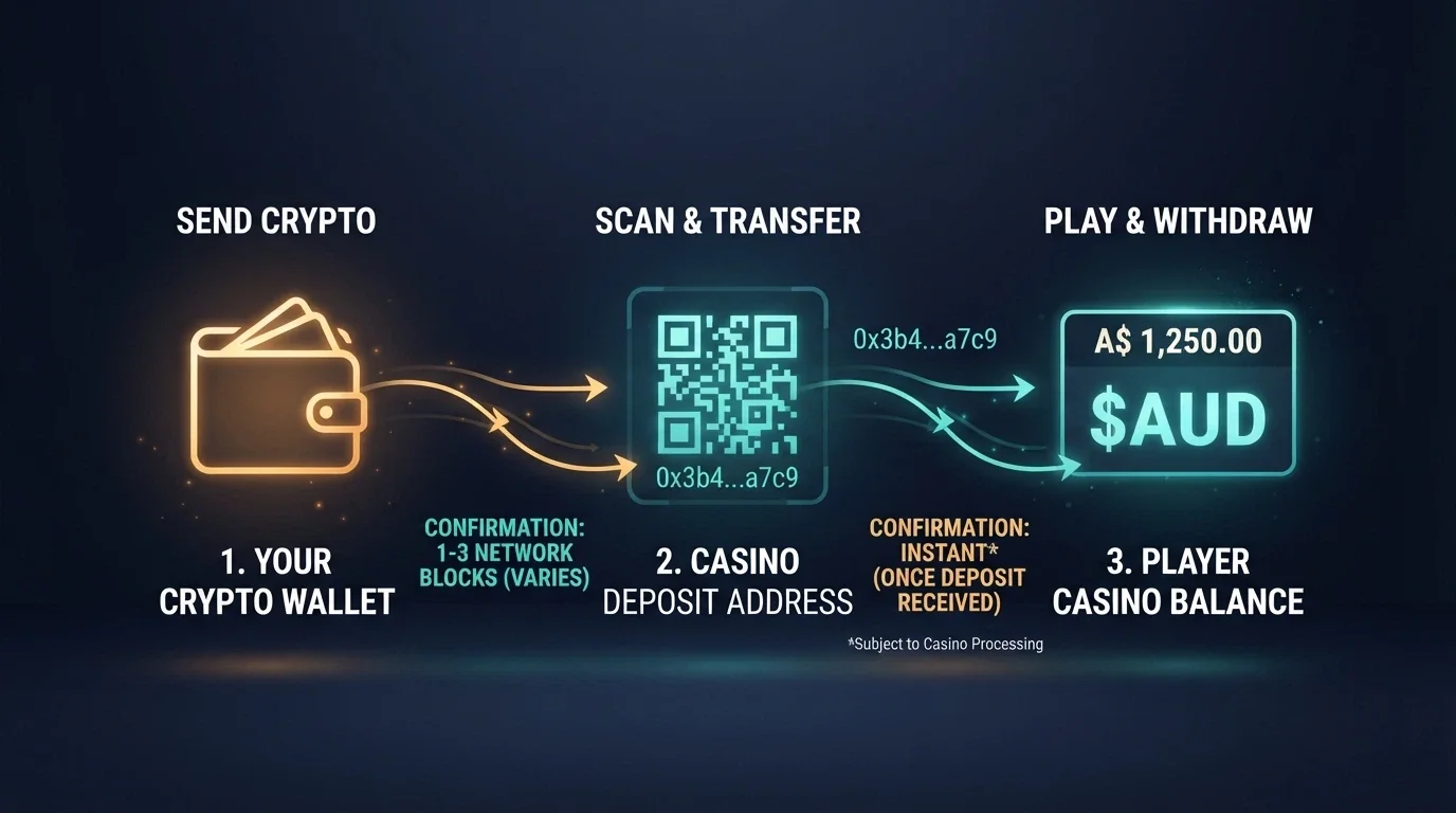 A three-step flow diagram: wallet → casino address → playable balance, with BCH network confirmation times marked at each stage