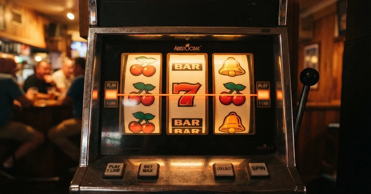 A classic 3-reel pokie screen with fruit symbols, BARs and a single payline lit across the centre row