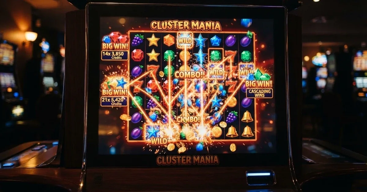 A 7×7 grid pokie layout with bright cascading symbols mid-spin, showing cluster-pays connections lighting up across the reels