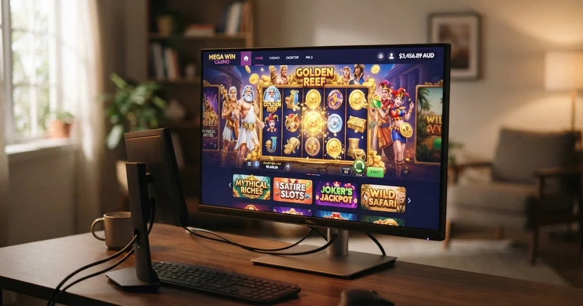 A cinematic grid of Betsoft slot reels in motion showing 3D animated characters, Hold & Win bonus symbols, and a range of themes from mythology to modern social satire, displayed on a desktop screen with an Australian-dollar balance visible