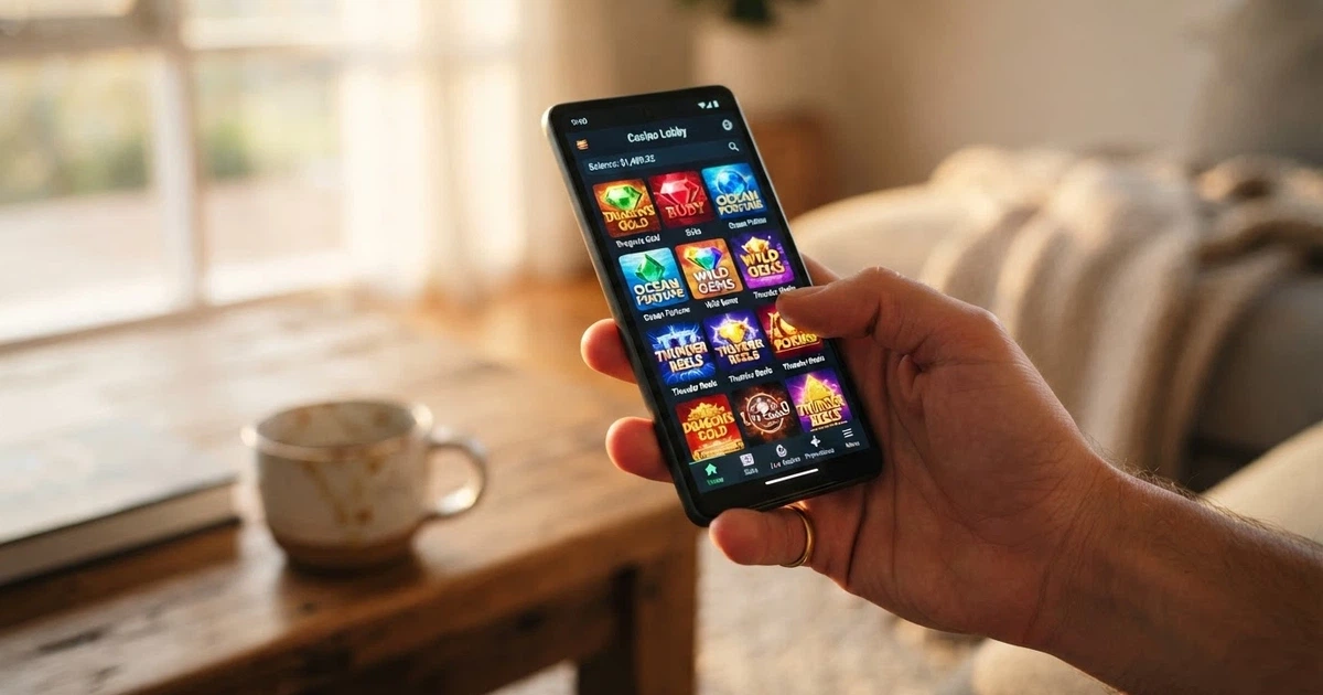 An Android smartphone held in landscape mode displaying a casino game lobby with pokies thumbnails and a vibrant app interface