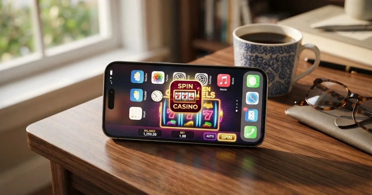 A smartphone home screen showing a casino app shortcut icon beside everyday apps, with a pokie game visible on the screen behind it