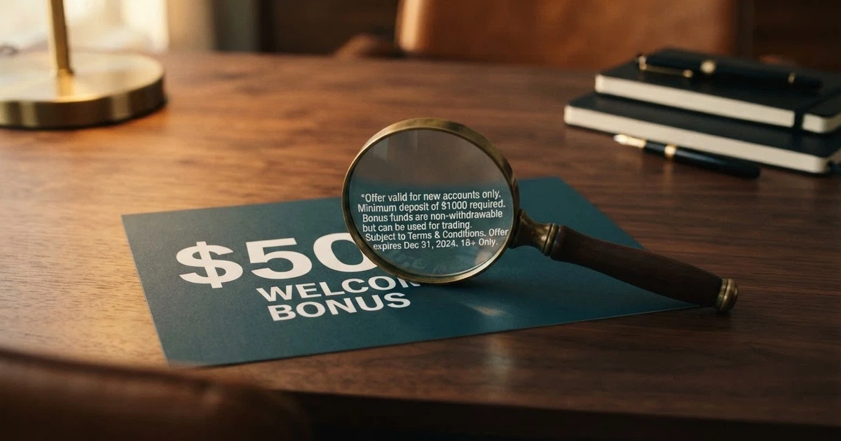 A digital illustration of a casino welcome-bonus banner with a magnifying glass hovering over the fine-print terms beneath it