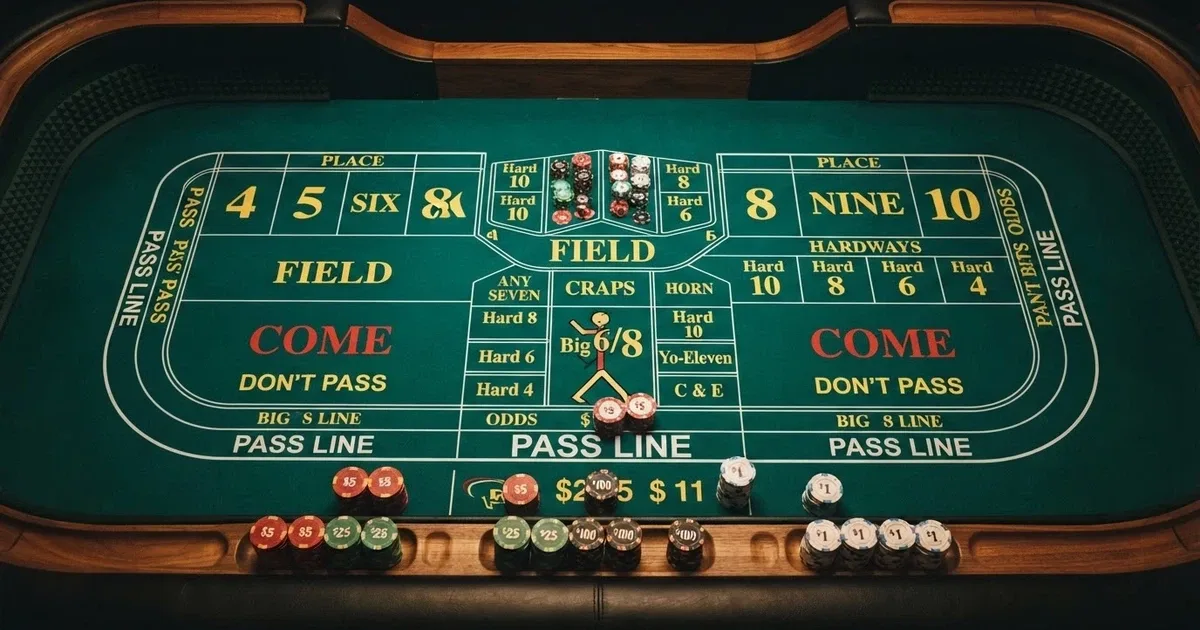 A digital craps table with Pass Line and Come betting areas highlighted on a green felt layout, viewed from above