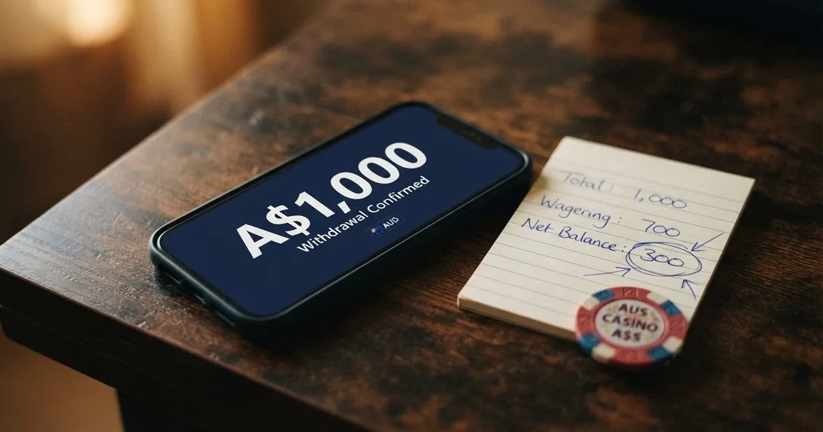 A split-screen comparison showing a headline “A$1,000 match bonus” on one side and a calculator display with the real clearable balance after wagering on the other, Australian dollar notes in the background