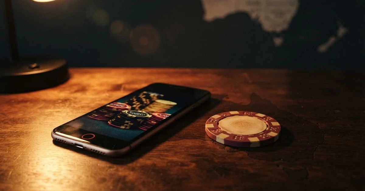 A digital illustration of an Australian map silhouette with casino chips and a smartphone, a red prohibition symbol layered over the centre, contrasting with dollar signs floating outside the border