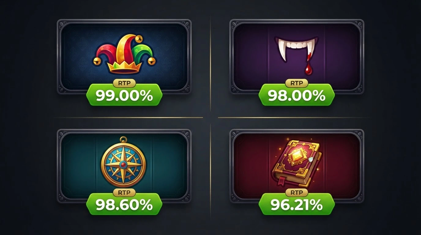 A grid of popular high-RTP pokie title cards — Mega Joker, Blood Suckers, Starburst, Book of Dead — with their RTP percentages displayed as bright callout badges