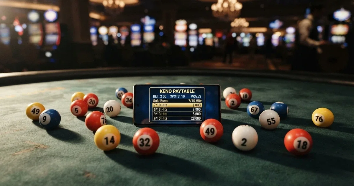 A grid of colourful keno number balls on a dark casino-felt background, with a smartphone displaying a keno paytable beside them