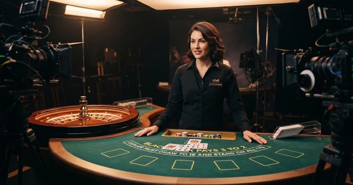A live dealer standing at a casino table with cards and a roulette wheel visible in a studio setting
