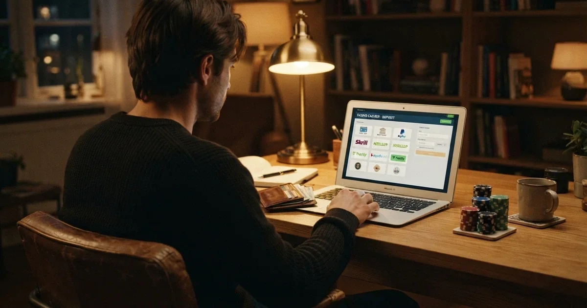 Australian player at a laptop with a wallet open beside the keyboard, casino cashier screen visible showing multiple payment method icons, Australian banknotes on the desk