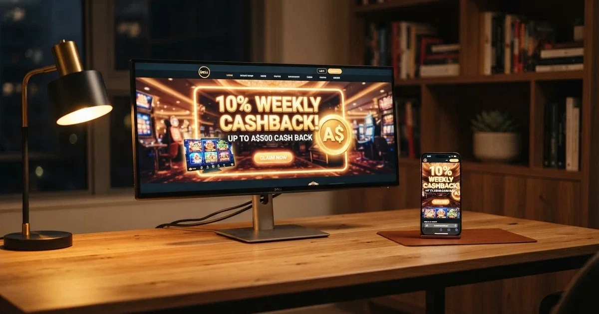 A row of online casino interface screens showing cashback bonus banners and percentage rates on a desktop and mobile display