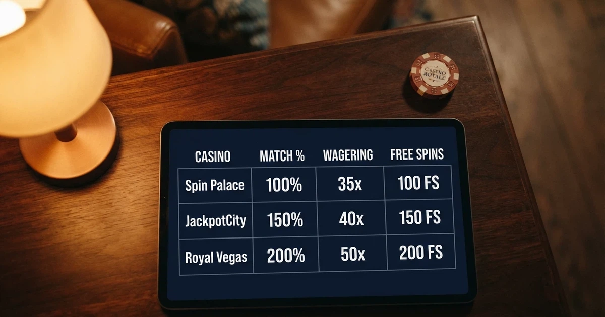 A comparison table of online casino welcome bonus offers with wagering multipliers, bonus amounts and free spin counts displayed side by side