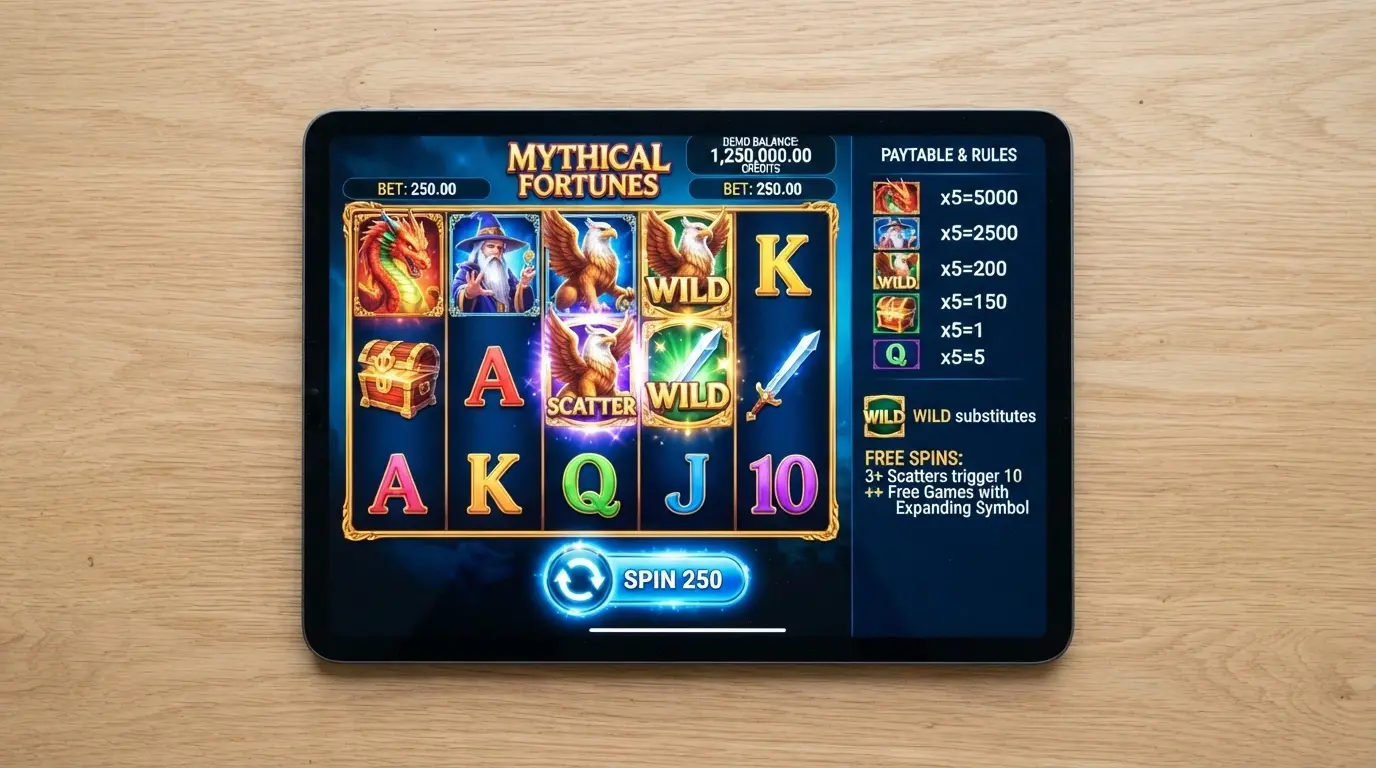 A Betsoft slot loaded in demo mode with a play-money balance visible, the spin button active, and a game-rules panel open showing the paytable and feature-trigger conditions