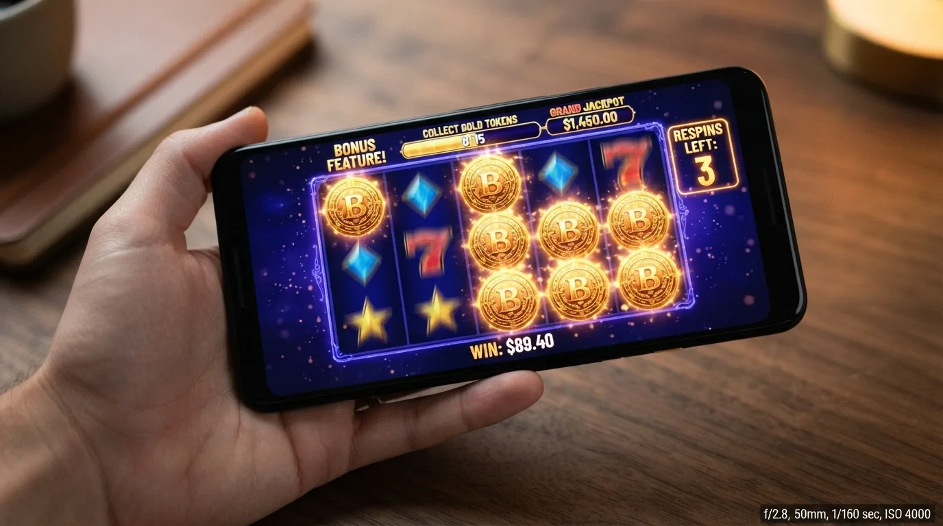 A Betsoft Hold & Win bonus round in progress on a slot grid, with coin symbols locked in place and a respin counter visible, showing the mechanic that defines the provider's 2026 releases