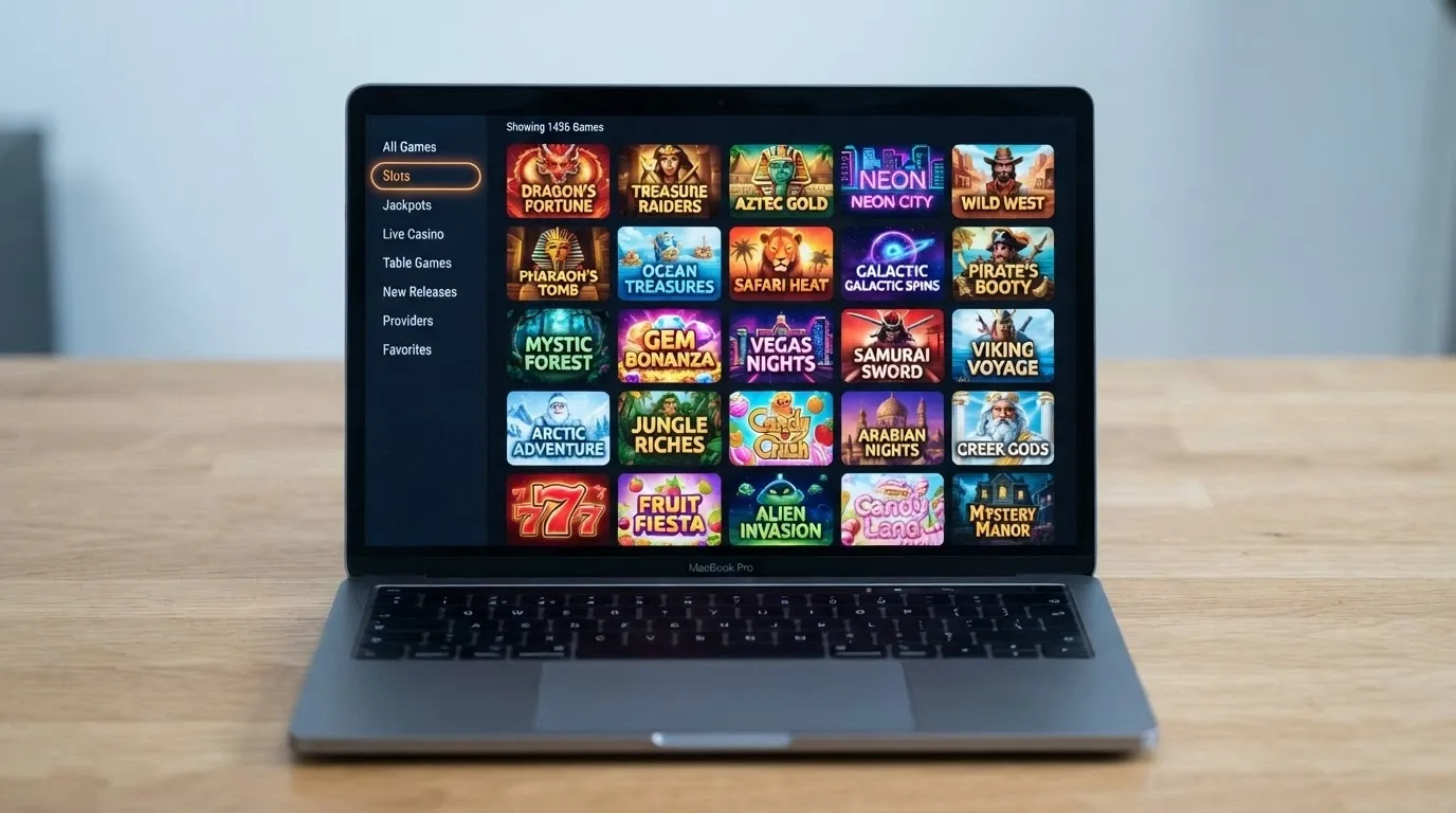 A casino lobby screen filtered to show only Betsoft slot thumbnails arranged in a grid, with the title count and category filters visible in the sidebar