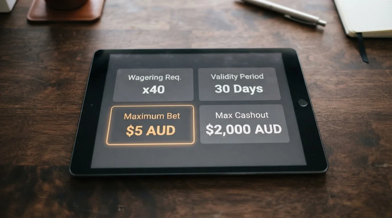 A close-up of a casino bonus terms panel showing the four key figures — wagering multiple, validity period, max bet, and max cashout — with one figure highlighted in a contrasting colour to draw the eye
