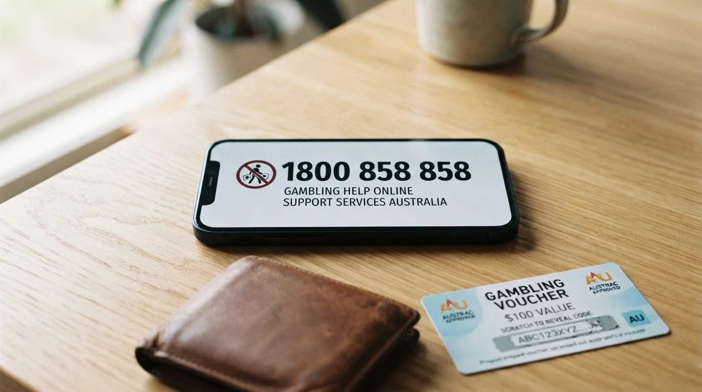 Close-up of a phone screen displaying the National Gambling Helpline number 1800 858 858 beside the BetStop logo, with a wallet and a Neosurf voucher on a desk