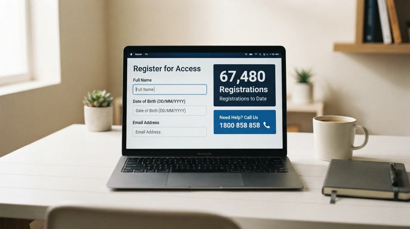 A simplified BetStop registration screen on a laptop showing the key fields — name, date of birth, email — with a counter displaying 67,480 registrations beside the National Gambling Helpline number 1800 858 858