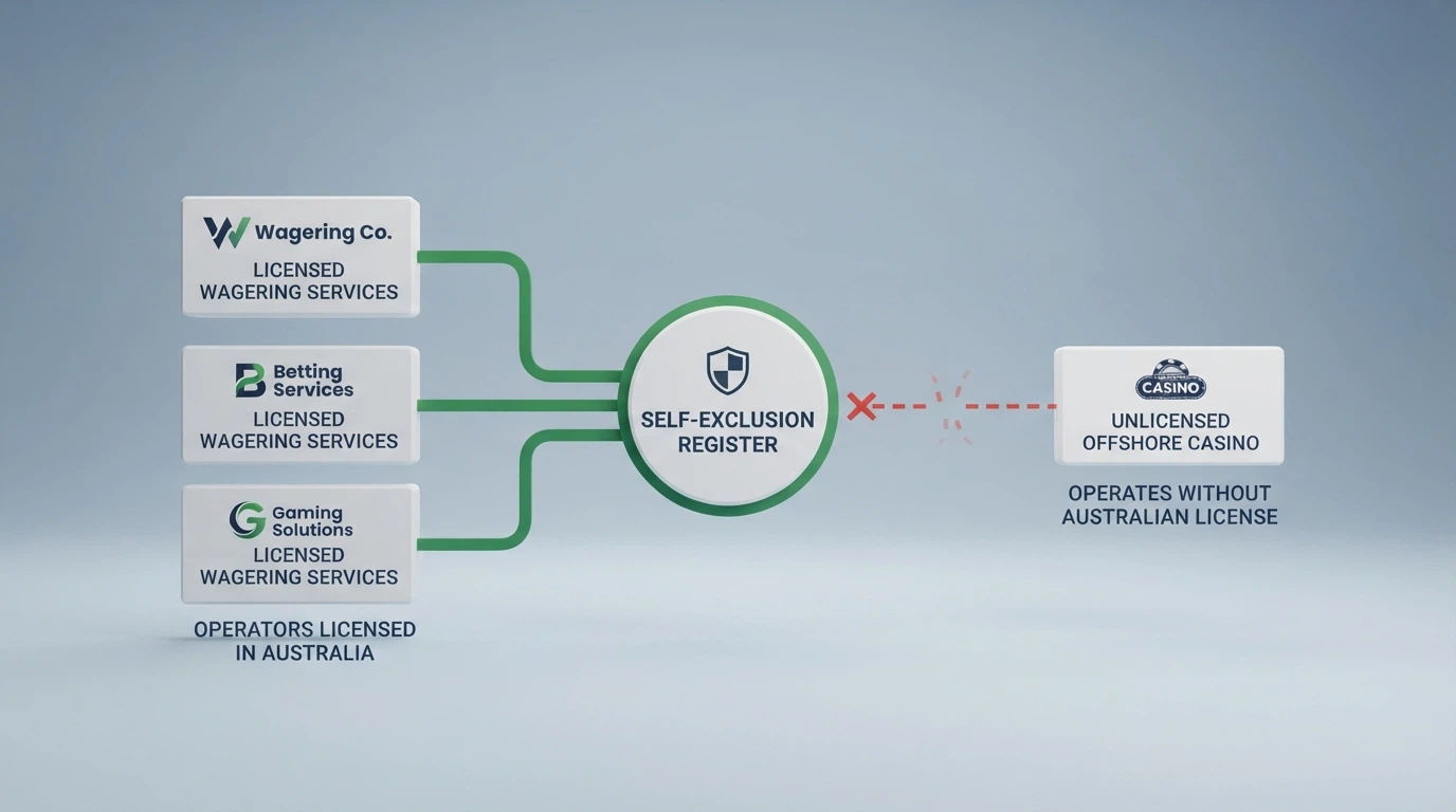A diagram showing the BetStop register connected to Australian-licensed wagering operators with a solid green line, and a broken red line to an offshore casino icon with the label 'not connected'