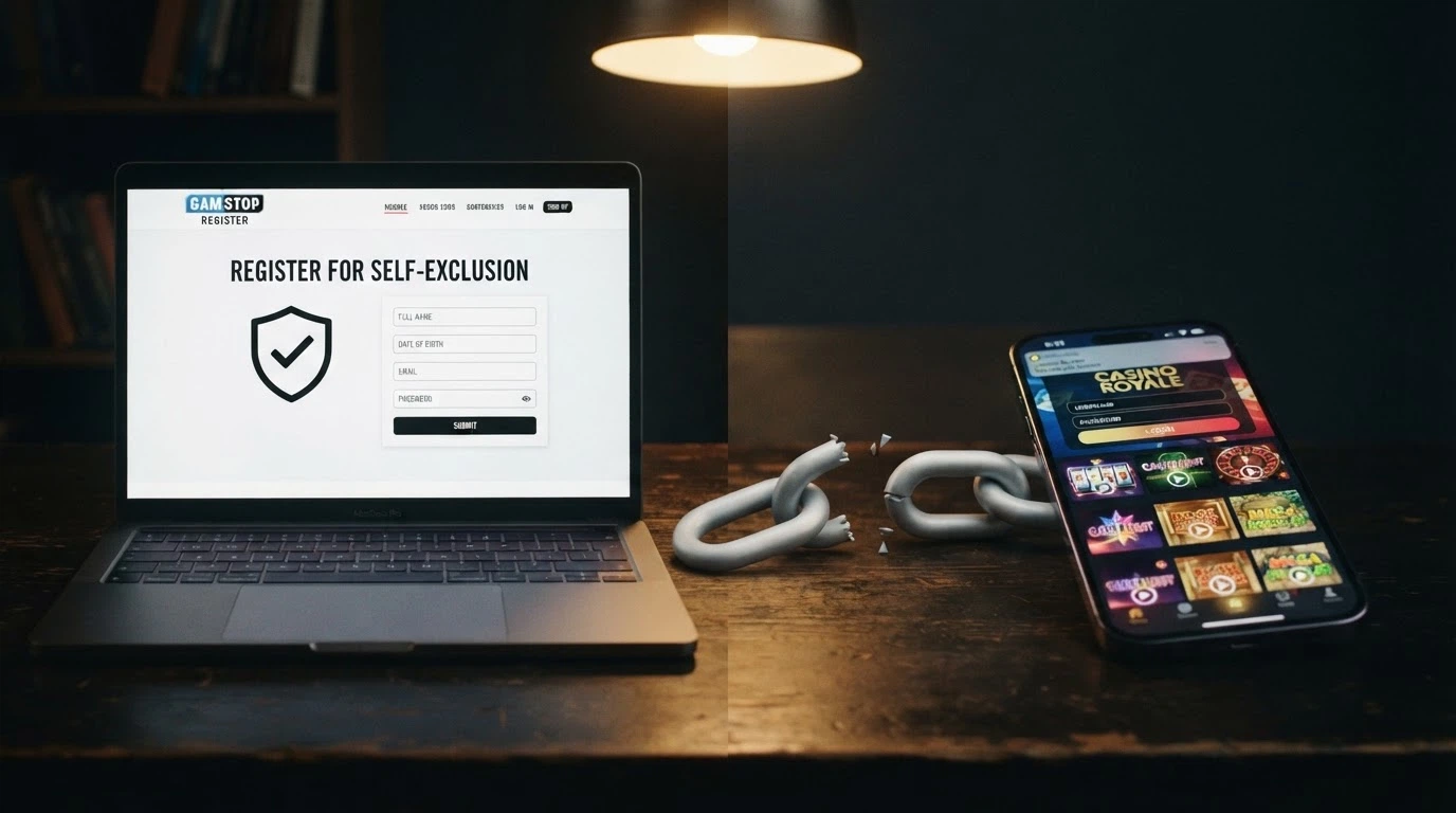A split image: a BetStop registration screen on one side and an offshore casino login page on the other, with a broken chain link between them