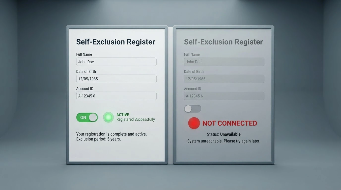 A self-exclusion registration screen on one side, and a muted greyed-out “offshore” side showing the same registration with a “not connected” indicator