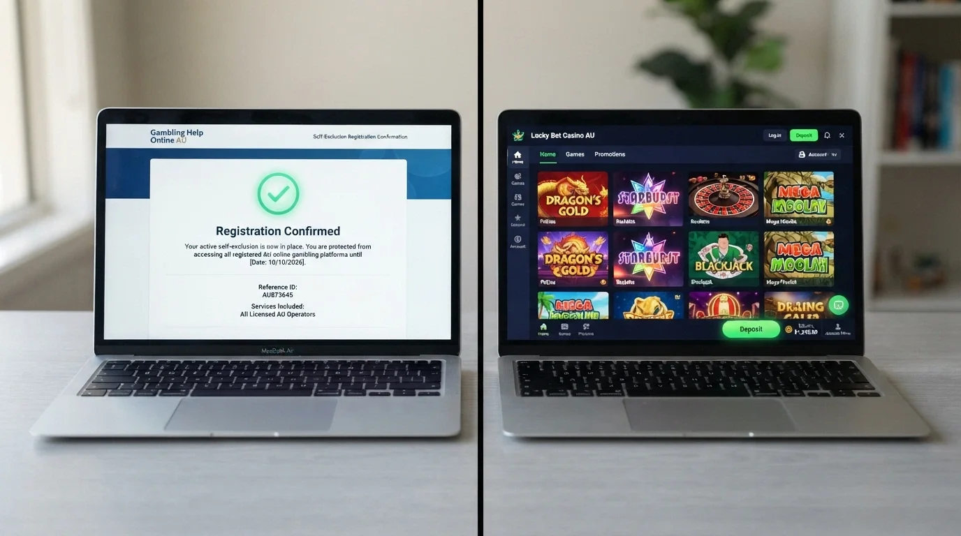 A split-screen composition — on the left, a BetStop registration confirmation on a government-branded page; on the right, the same offshore casino lobby from earlier, still accessible and showing a deposit button