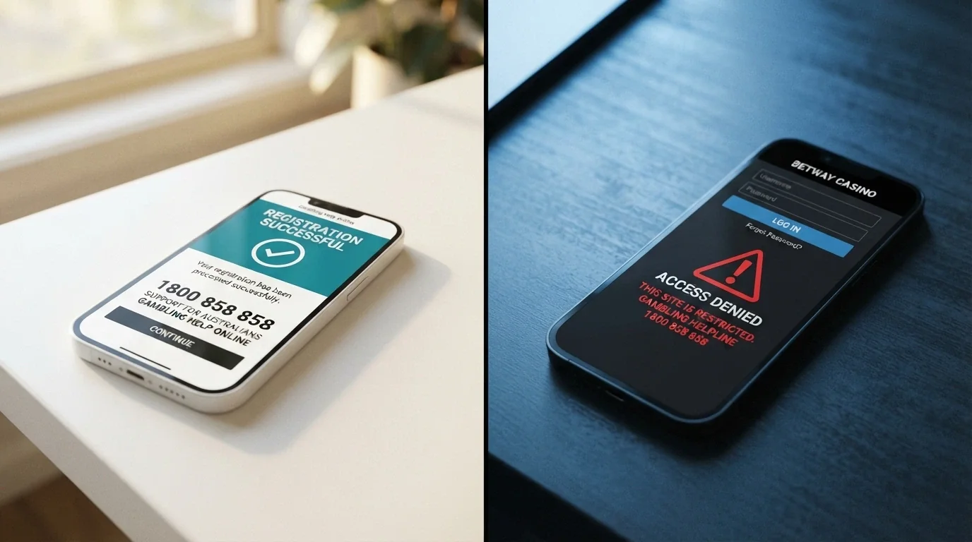 A split-screen visual: one side showing a BetStop registration confirmation on a mobile with the 1800 858 858 helpline number, the other showing an offshore casino login screen with a warning icon overlaid