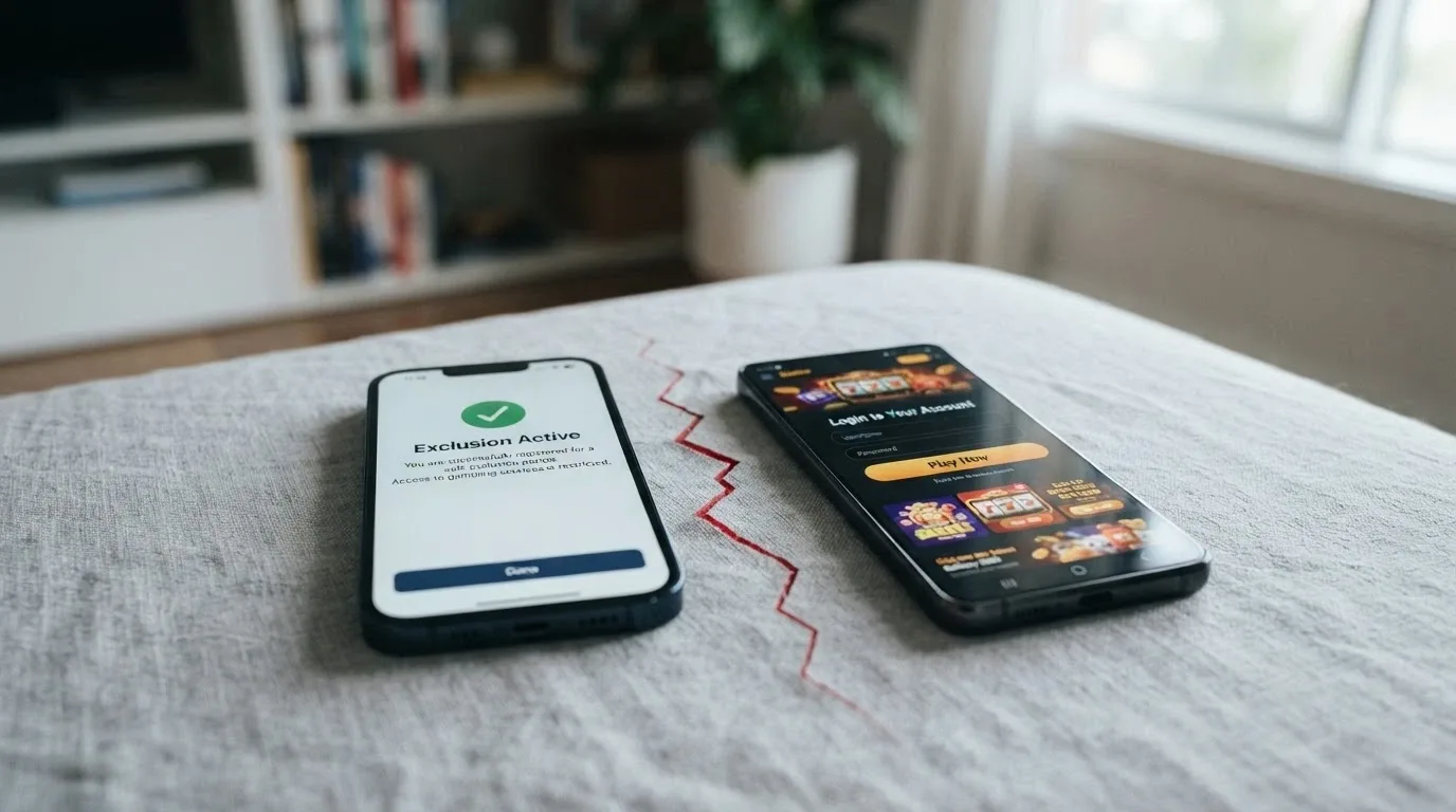 A smartphone showing the BetStop registration screen beside a separate offshore casino login screen, with a broken link between them