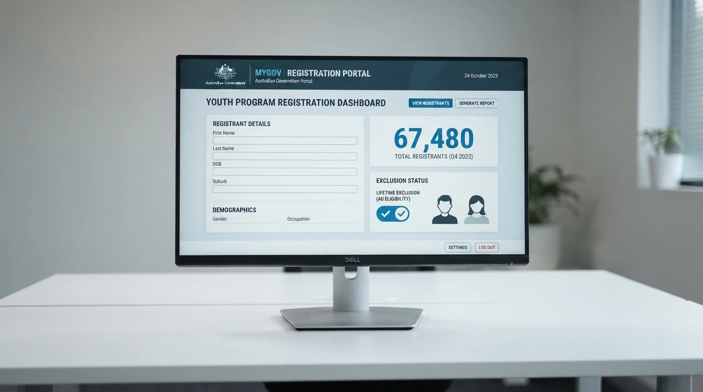 A stylised government-style dashboard screen showing a registration form with demographic icons — young adults, a lifetime-exclusion toggle, and a counter reading 67,480