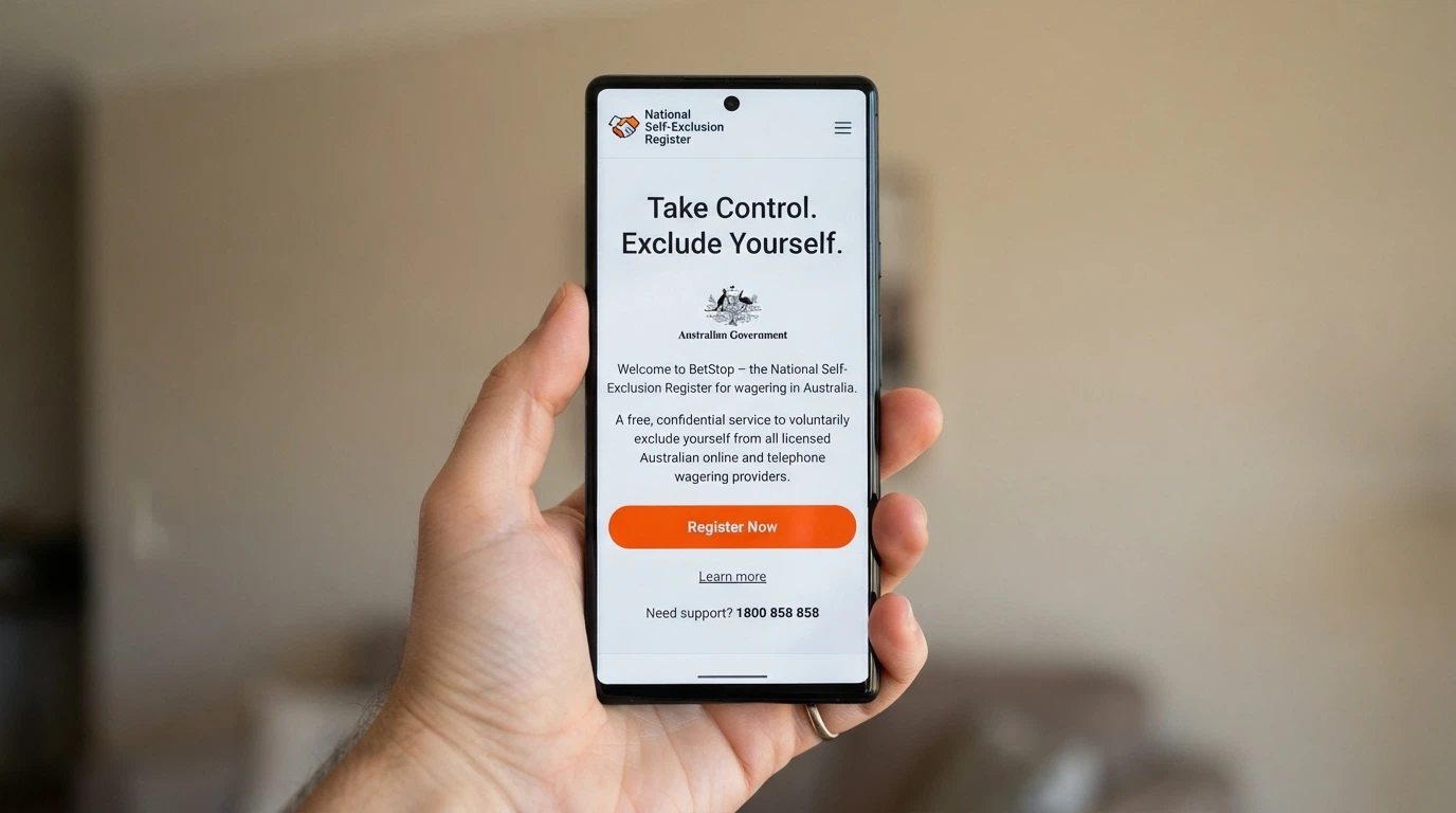 BetStop — National Self-Exclusion Register landing page displayed on a smartphone screen