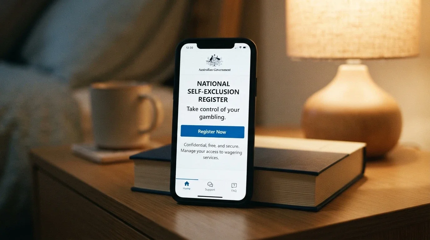 A smartphone showing the BetStop.gov.au homepage with the National Self-Exclusion Register branding and a “Register Now” button visible
