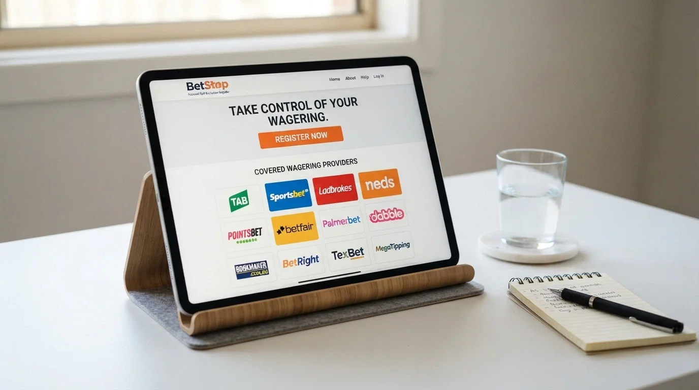 The BetStop National Self-Exclusion Register homepage on a device screen, showing the registration button and the list of covered wagering providers