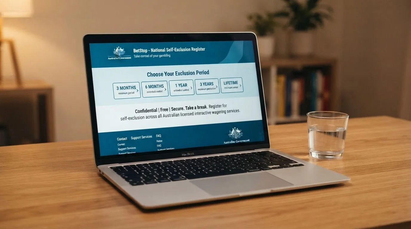 The BetStop National Self-Exclusion Register homepage on a laptop screen, showing the registration duration options from 3 months to lifetime