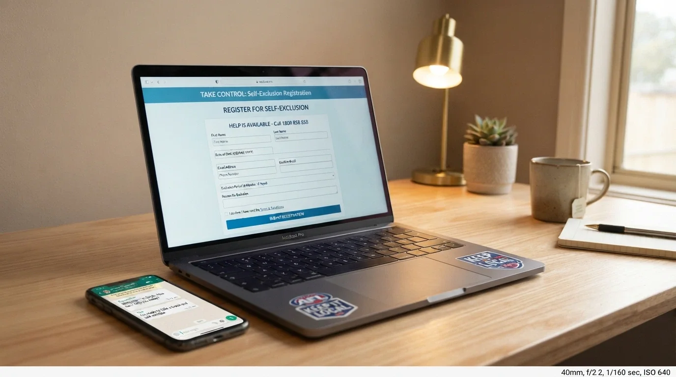 A BetStop registration landing page on a laptop screen with the National Self-Exclusion Register branding, a phone beside it showing the Gambling Help Online chat interface