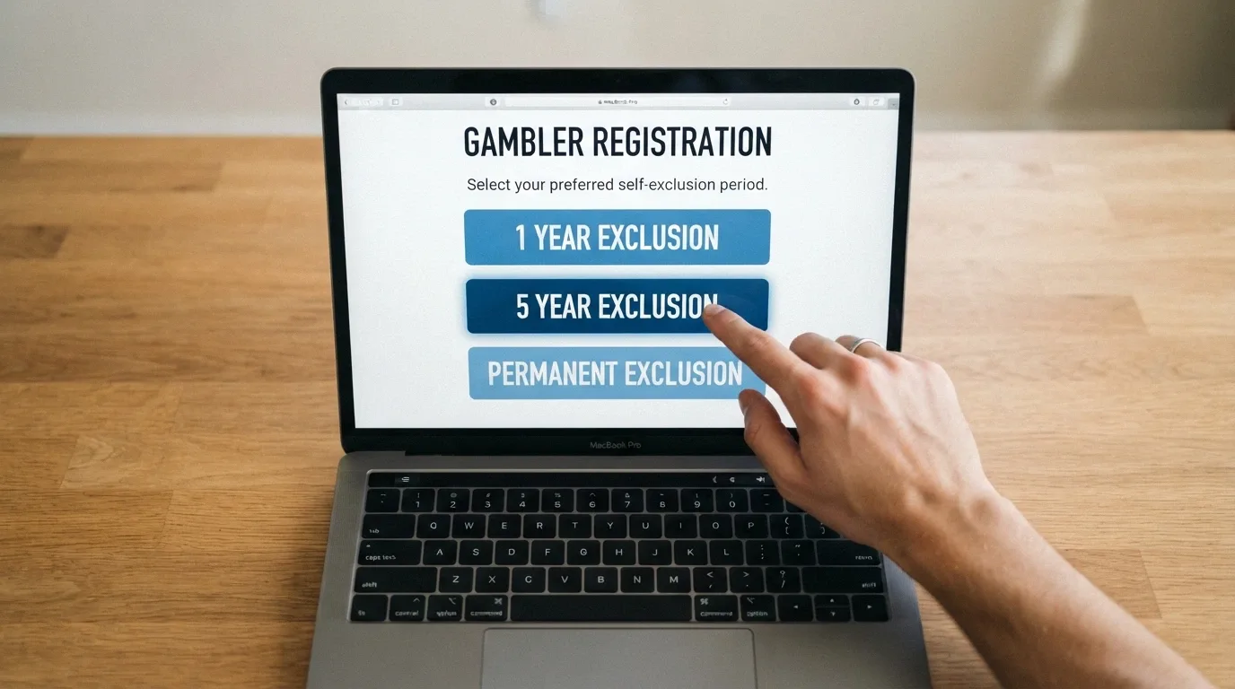 The BetStop National Self-Exclusion Register sign-up page on a laptop, with the three exclusion-period options visible