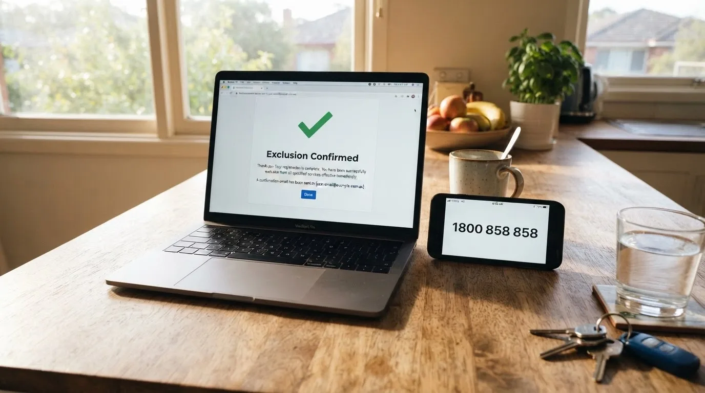 A BetStop registration confirmation screen on a laptop, with the 1800 858 858 helpline number displayed prominently on a phone beside it