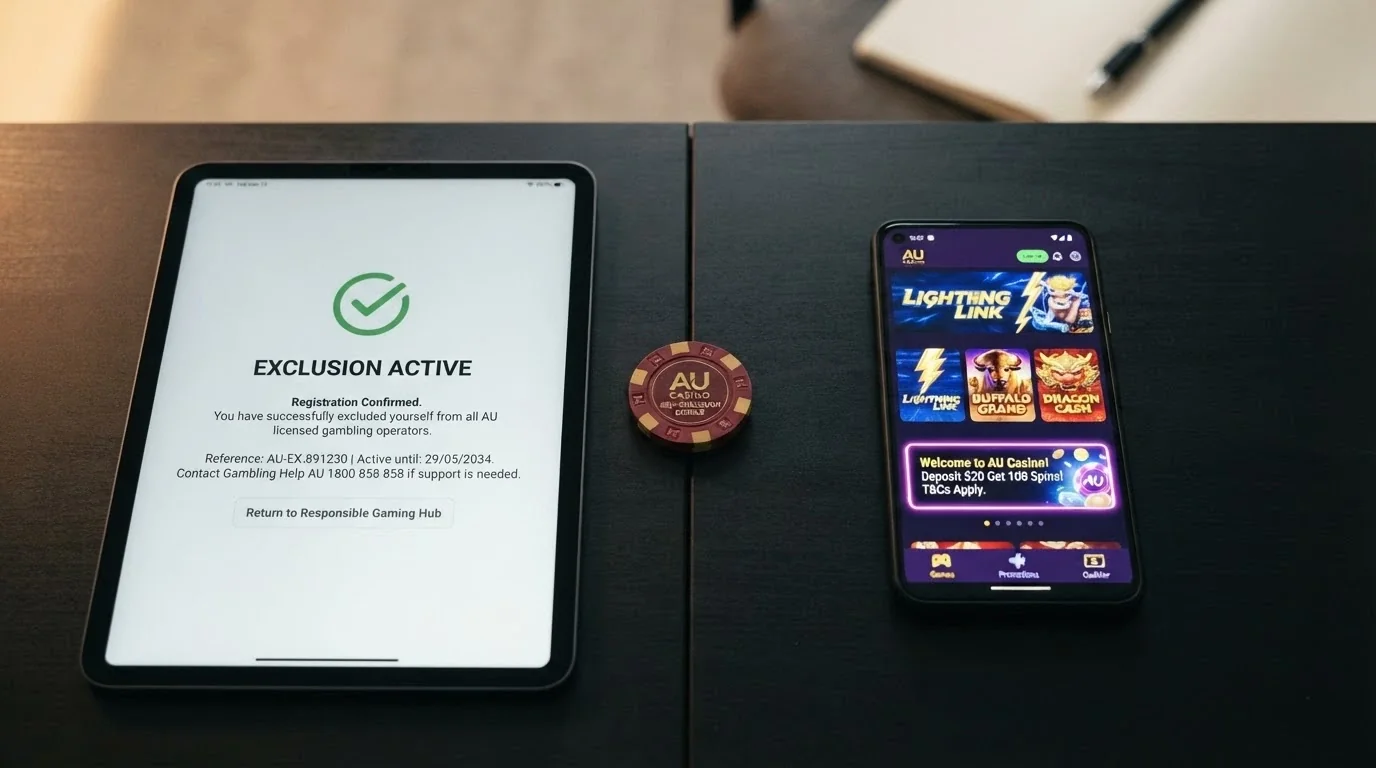 A split composition — the BetStop registration screen on one side and an offshore casino lobby still accepting play on the other