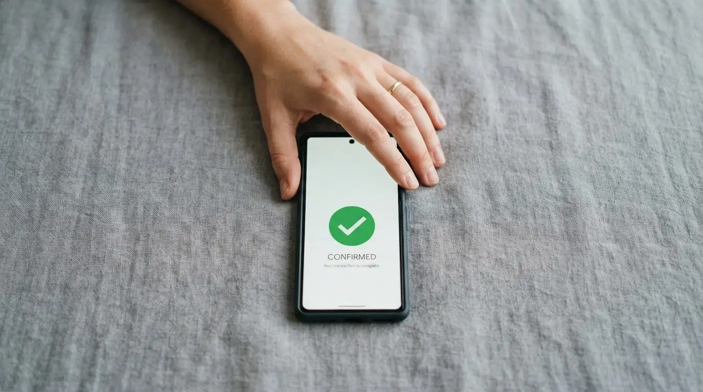 A calm, supportive composition of a hand hovering over a smartphone screen showing a self-exclusion registration confirmation