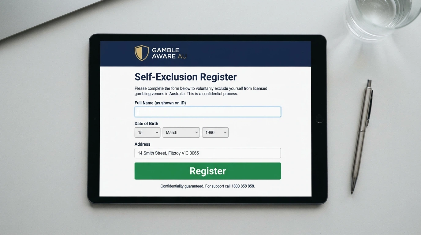 A government-style interface mockup showing a self-exclusion registration screen with a prominent “Register” button and the BetStop logo