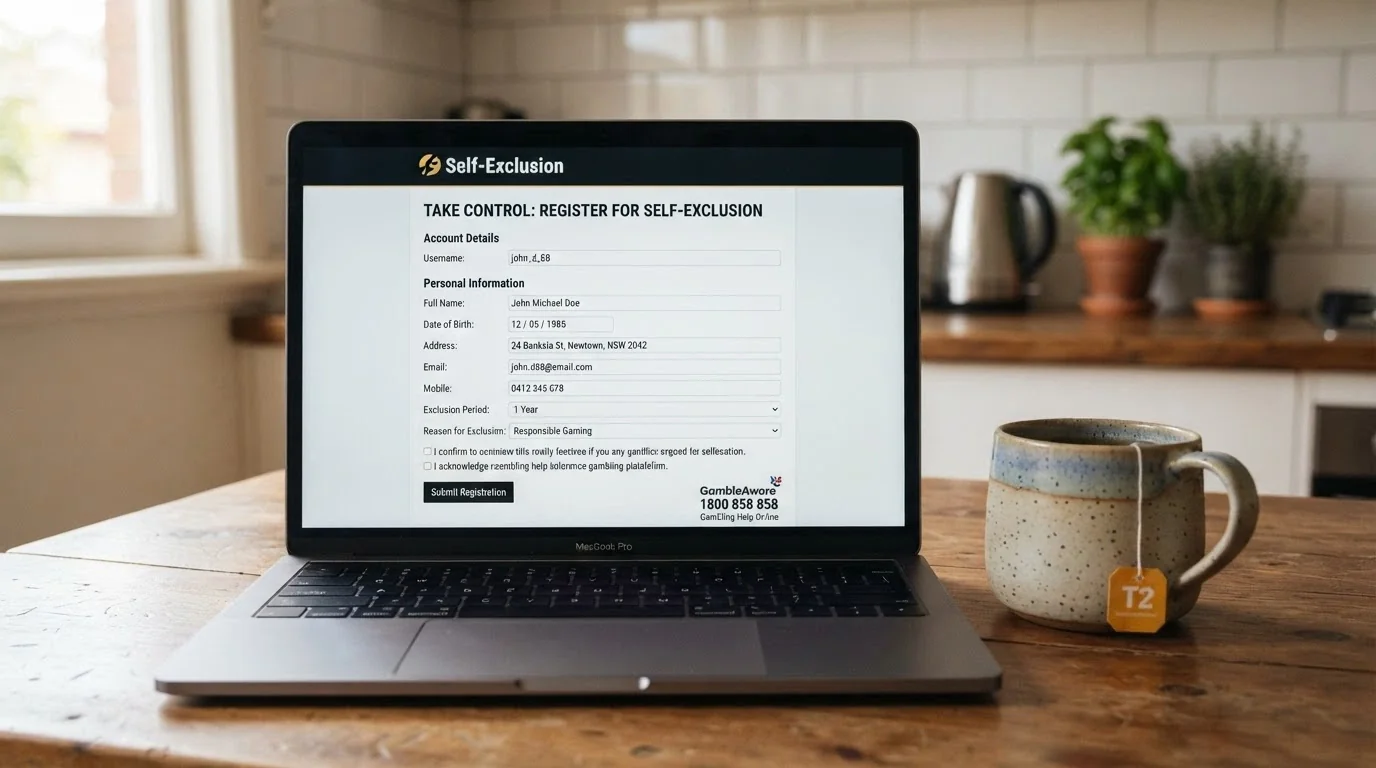 A laptop screen showing the BetStop registration page with the Australian Government crest and a partially completed self-exclusion form, a cup of tea beside the laptop