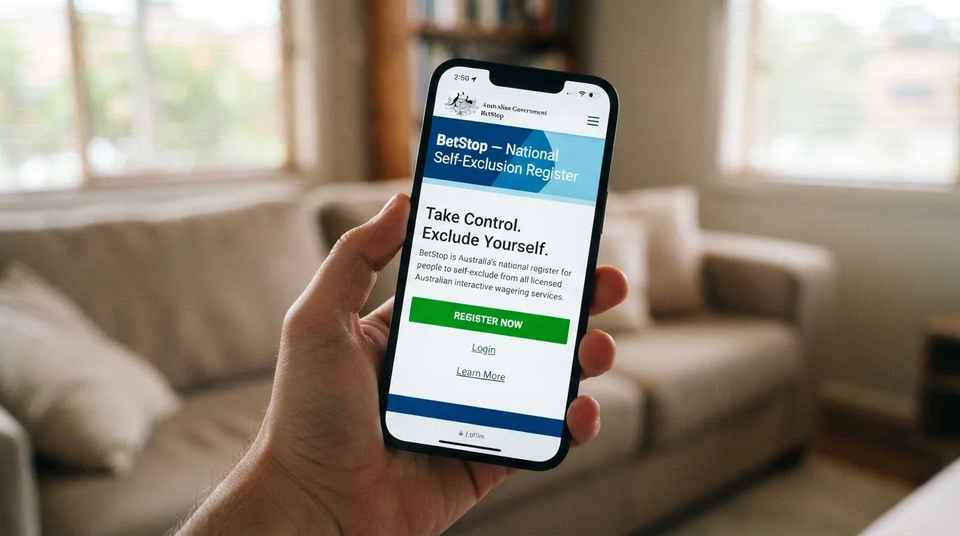 A smartphone screen showing the BetStop — National Self-Exclusion Register homepage with a prominent “Register Now” button