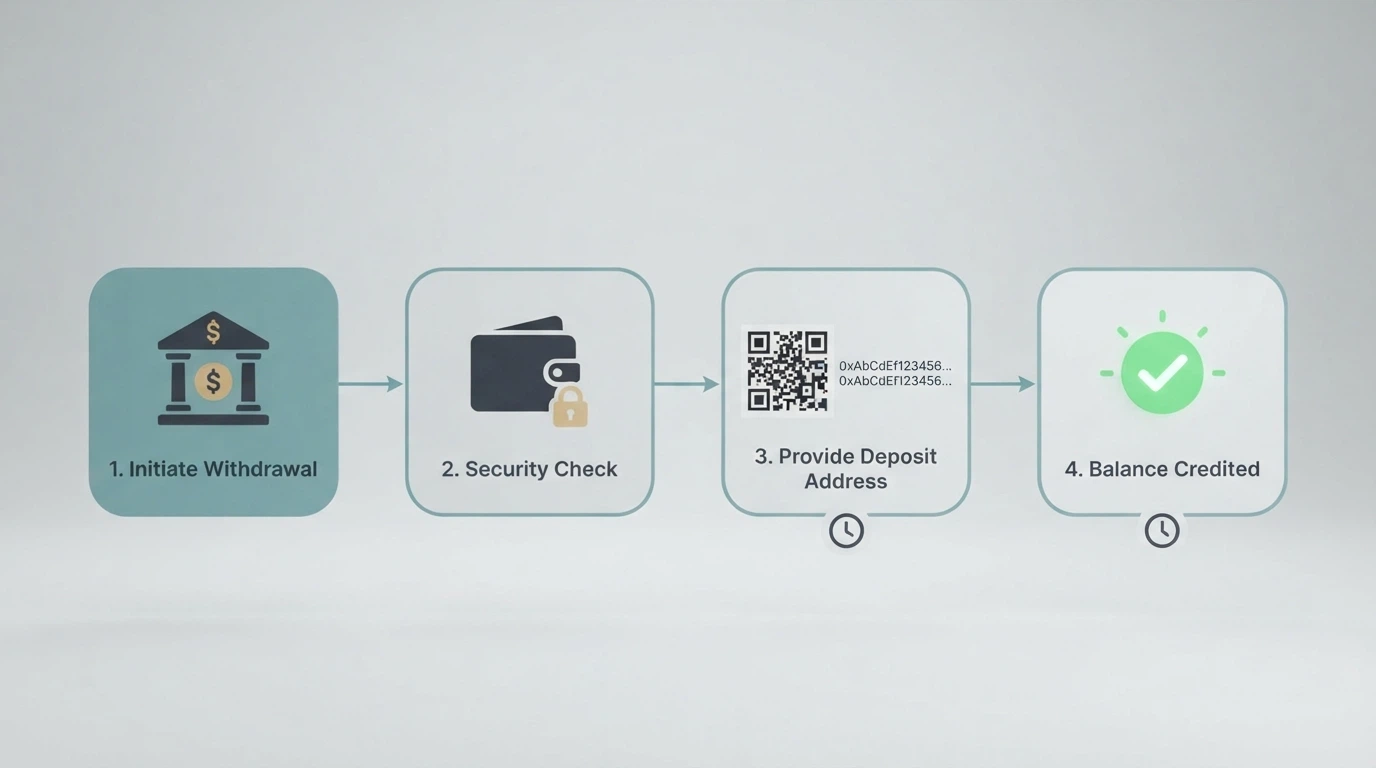 A step-by-step illustration of a bitcoin casino deposit: exchange to wallet to casino address to credited balance, with approximate confirmation times at each stage