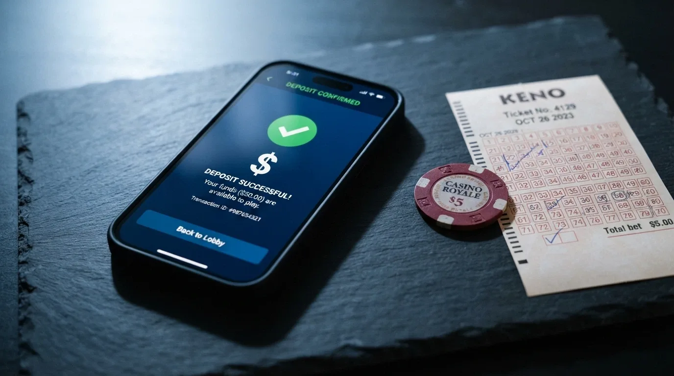 A Bitcoin symbol beside a keno ticket on a smartphone, with a deposit confirmation screen visible