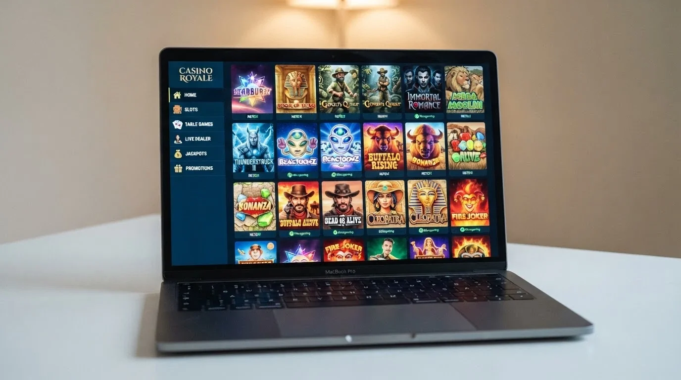 A bitcoin casino games lobby filtered by category, showing pokies thumbnails alongside table games and a live dealer section