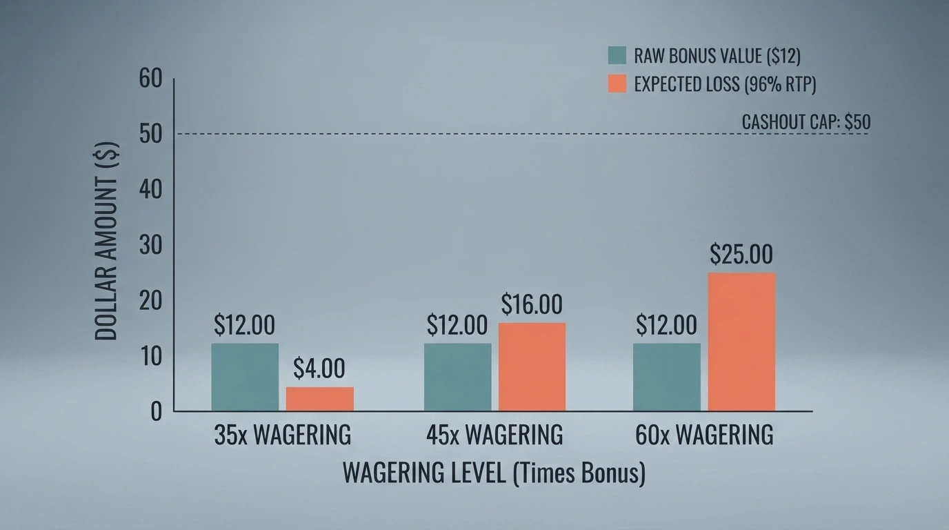 A simple bar chart or comparison graphic showing raw bonus value versus expected loss at 96% RTP for three wagering levels